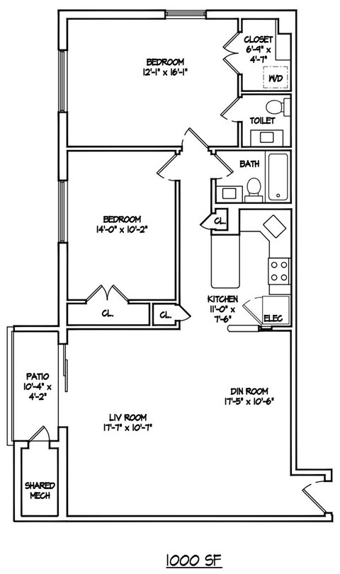 Floor plan for 2 beds, 1.5 baths, 1000 sqft